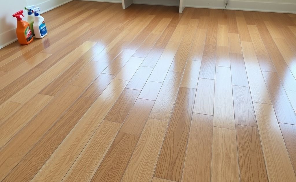 A sparkling hardwood floor with cleaning supplies beside it.