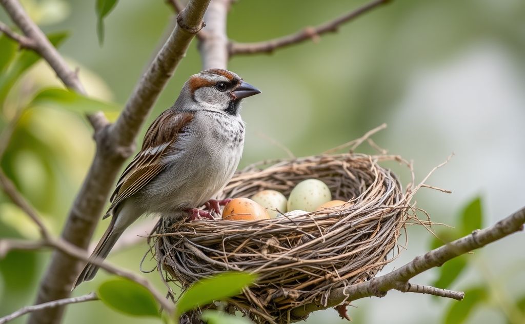 A sparrow perched near a nest with eggs in a tree.