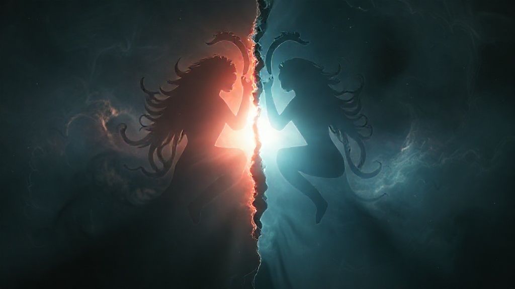 A spectral Gemini silhouette, split by light and shadow, merging with the Upside Down's swirling darkness. Inner conflict visualized, ethereal glow with cinematic 4k lighting.