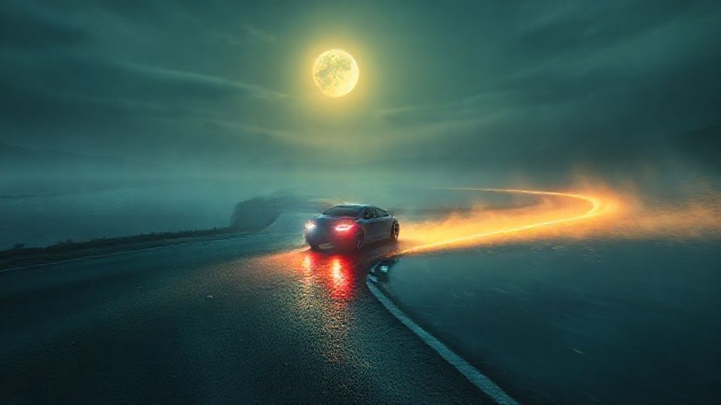 A spectral car slowing on a moonlit road, mirrored in a shimmering lake. Before the U-turn: muted blues and greens. During: swirling cosmic dust. After: golden light, accelerating. Mystic, ethereal, 4k.