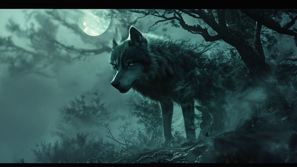 A spectral wolf, formed of swirling shadows and emerald mist, howls softly in a moonlit coastal forest. Its form blends with gnarled trees, reflecting anxieties in its eyes. Cinematic, 4k.