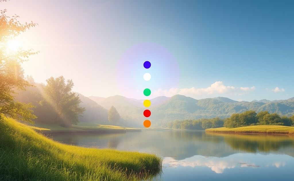 A spectrum of colors representing chakra alignment in a serene setting.
