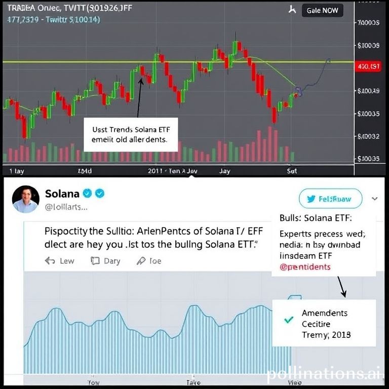 A two-panel image showing Solana's price performance chart and a Twitter post discussing Solana ETF amendments and impending approval, featuring quotes from Bloomberg analysts.