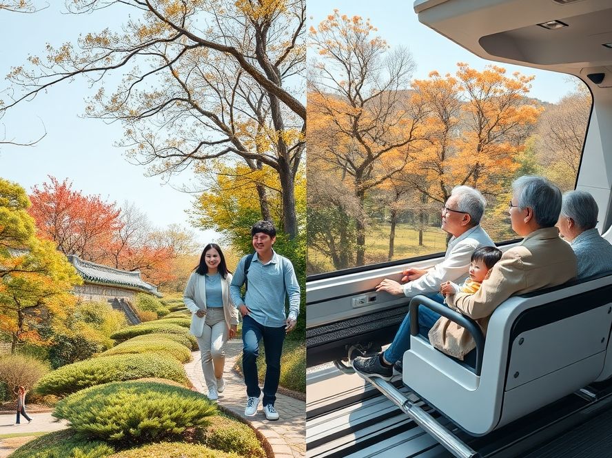 다양한 여행 스타일의 사람들이 화담숲 모노레일과 도보 코스를 즐기는 모습.