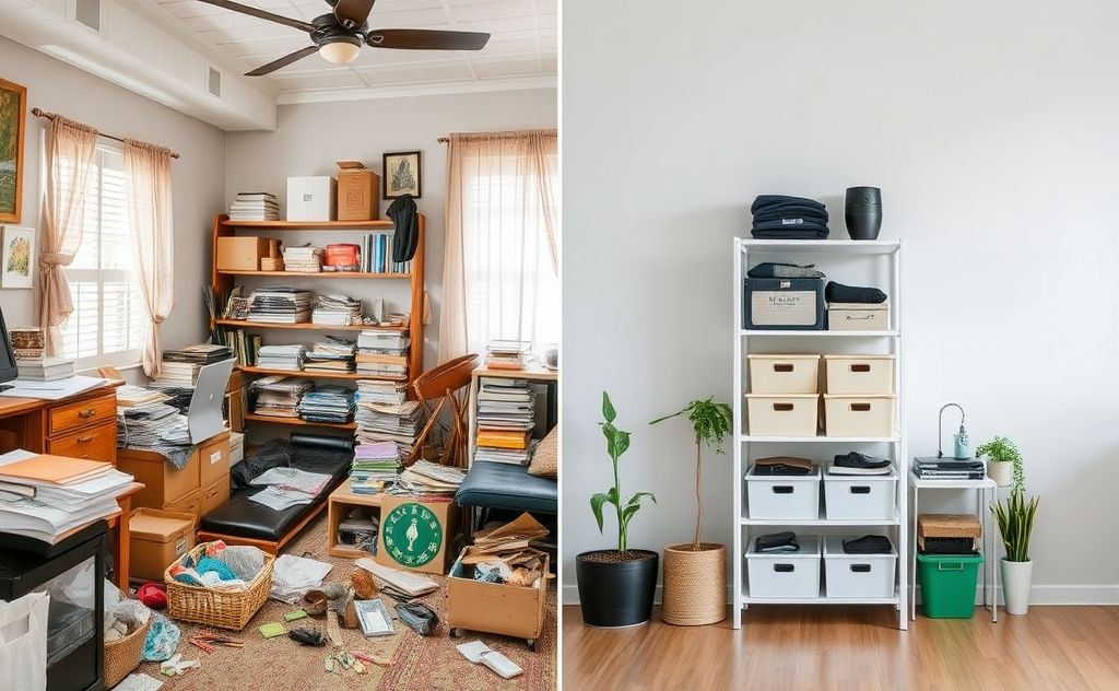 A split image showing a cluttered room and a neatly organized space.