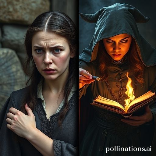 A split image showing a frightened medieval woman being accused on one side, and a powerful mythical sorceress casting a spell from a storybook on the other side, dramatic contrast style.