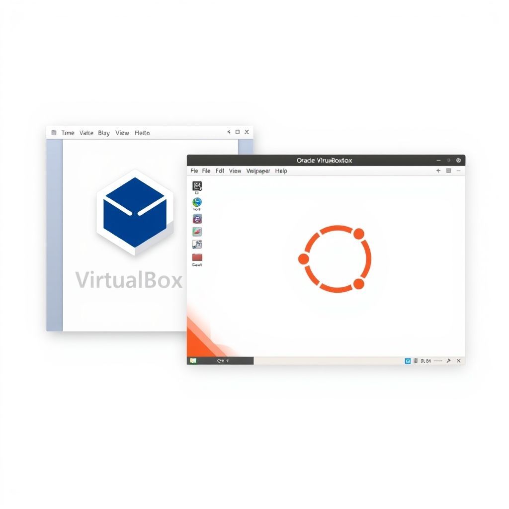 A split image showing the Oracle VirtualBox Manager interface on the left and a clean, modern Ubuntu 22.04 LTS desktop environment running within a VirtualBox window on the right. The Ubuntu desktop should feature its default wallpaper and icons. The overall image should convey technology, virtualization, and ease of use, with a digital, professional aesthetic.