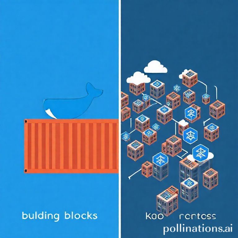 A split image. On the left side, visualize a single, clean, standardized shipping container with the Docker logo prominently displayed, representing isolation and portability. On the right side, visualize a complex, interconnected system of multiple shipping containers (smaller, numerous, some with Kubernetes logos) arranged dynamically across several abstract server racks or clouds, with arrows showing data flow and a control plane overseeing them. The overall theme should convey 