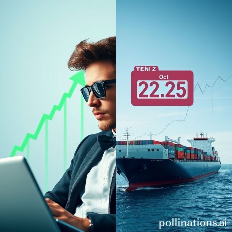 A split image. One side shows a stylish Gen Z individual (maybe with a laptop or smartphone) looking intently at a stock chart with green upward arrows, a sense of optimism. The other side shows a large cargo ship (LNG carrier) navigating through the sea, with a calendar icon highlighting 