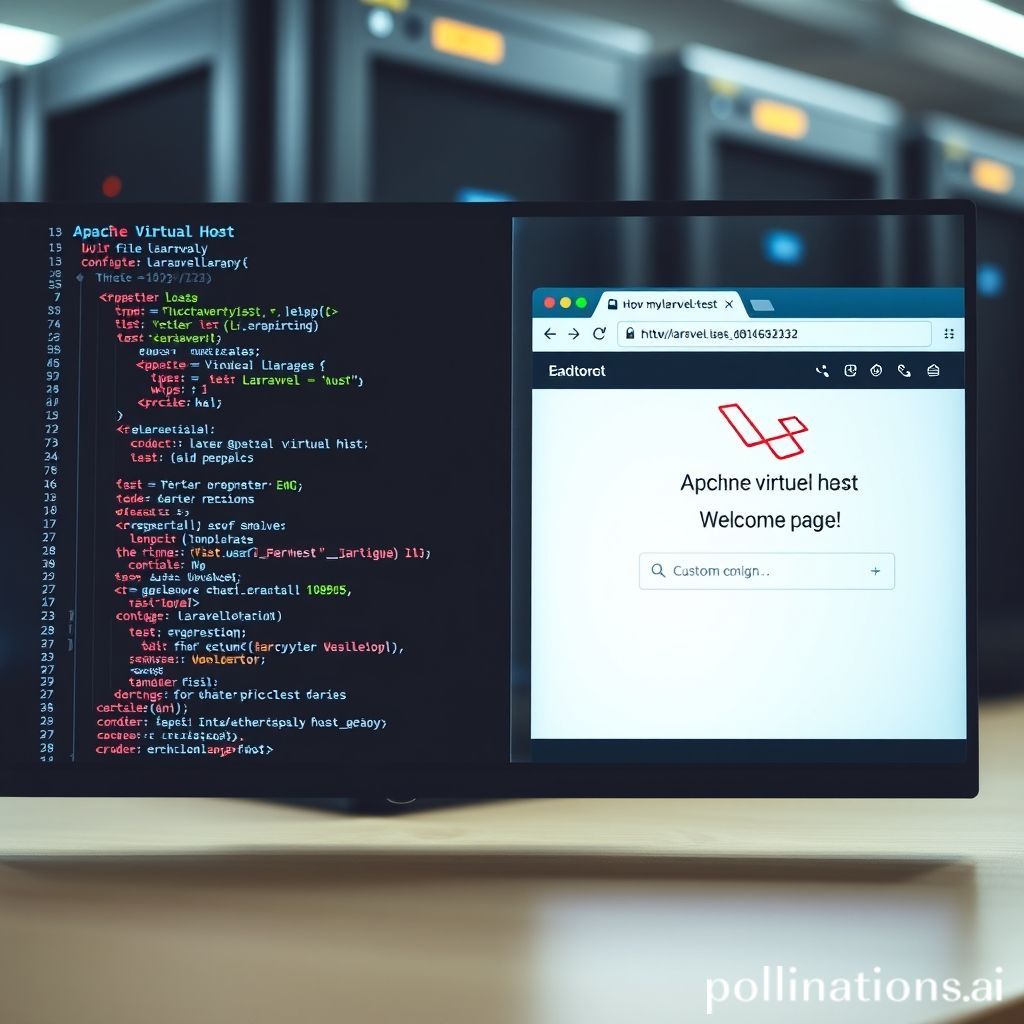 A split screen showing a code editor on one side with Apache virtual host configuration file (e.g., <code>laravel.conf</code>) and a web browser on the other side displaying a successfully loaded Laravel application webpage (e.g., Laravel welcome page) at a custom domain like <code>http://mylaravel.test</code>. In the background, subtly blurred, are server icons or a server rack, symbolizing server configuration. The overall aesthetic should be modern, clean, and tech-oriented, with elements of development and web infrastructure.
