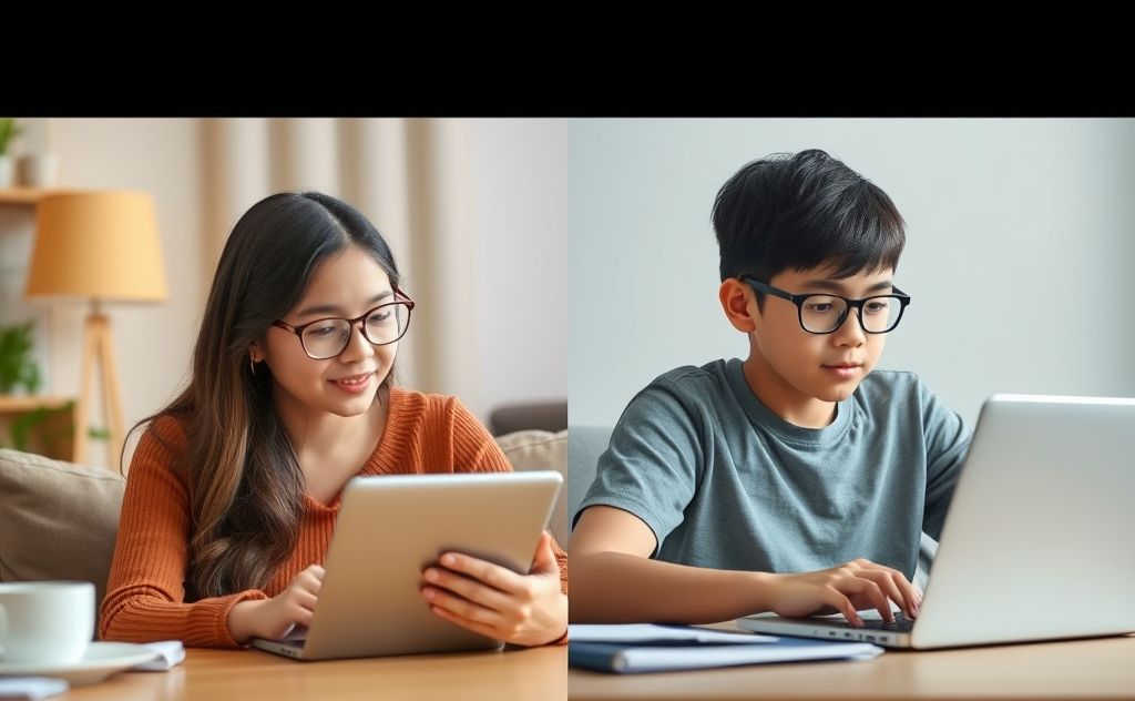 A split-screen image of a parent multitasking and another focused on a task.