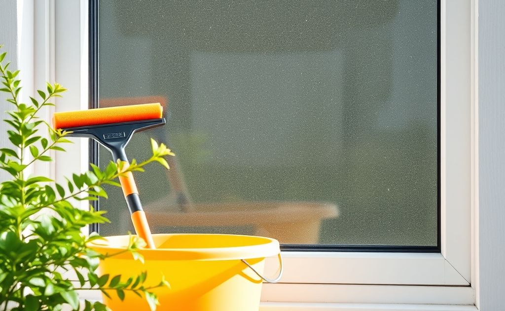 A squeegee and bucket beside a sparkling clean window with greenery.