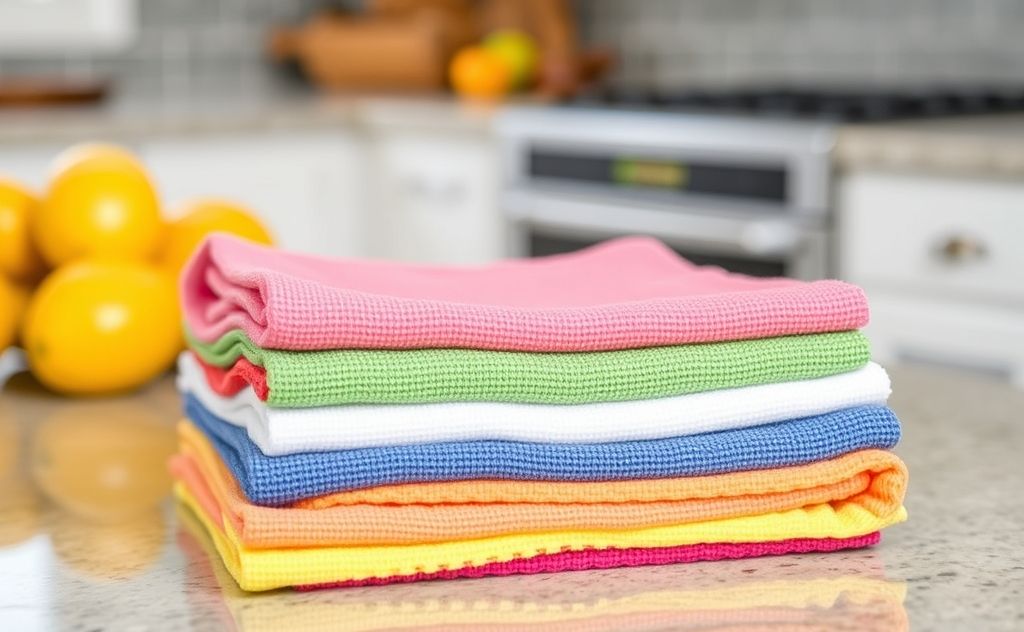A stack of colorful microfiber cloths on a kitchen countertop.