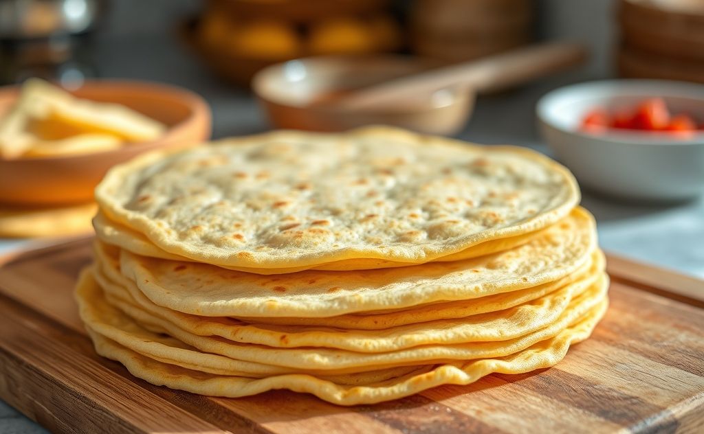 A stack of warm corn tortillas on a wooden cutting board.