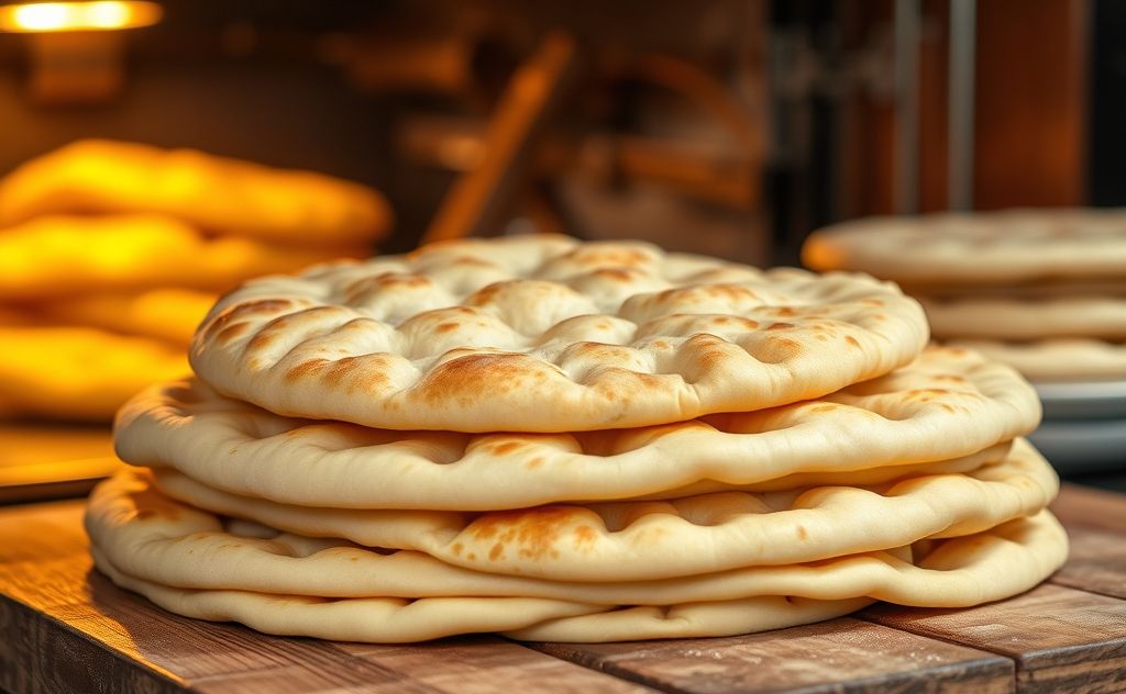 A stack of warm pita bread emerging from an oven.