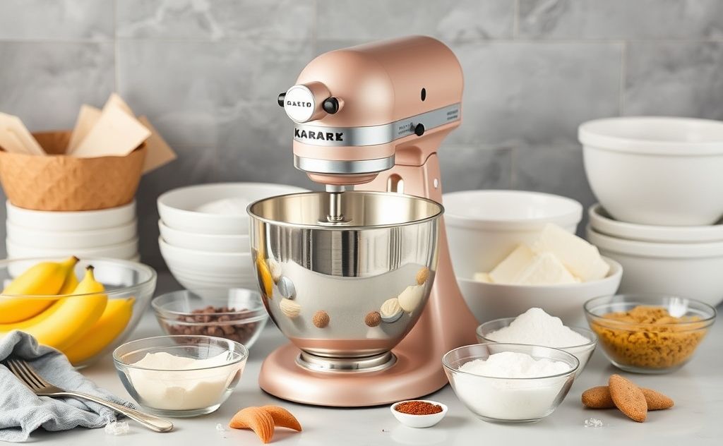 A stand mixer surrounded by mixing bowls and ingredients.