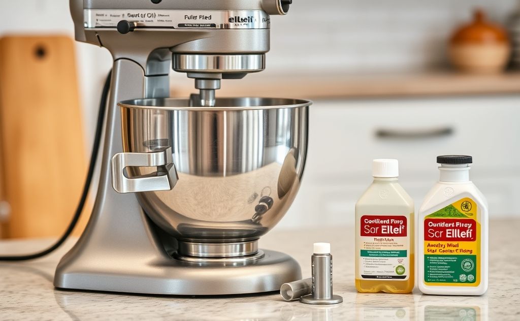 A stand mixer with oil and maintenance tools on a kitchen counter