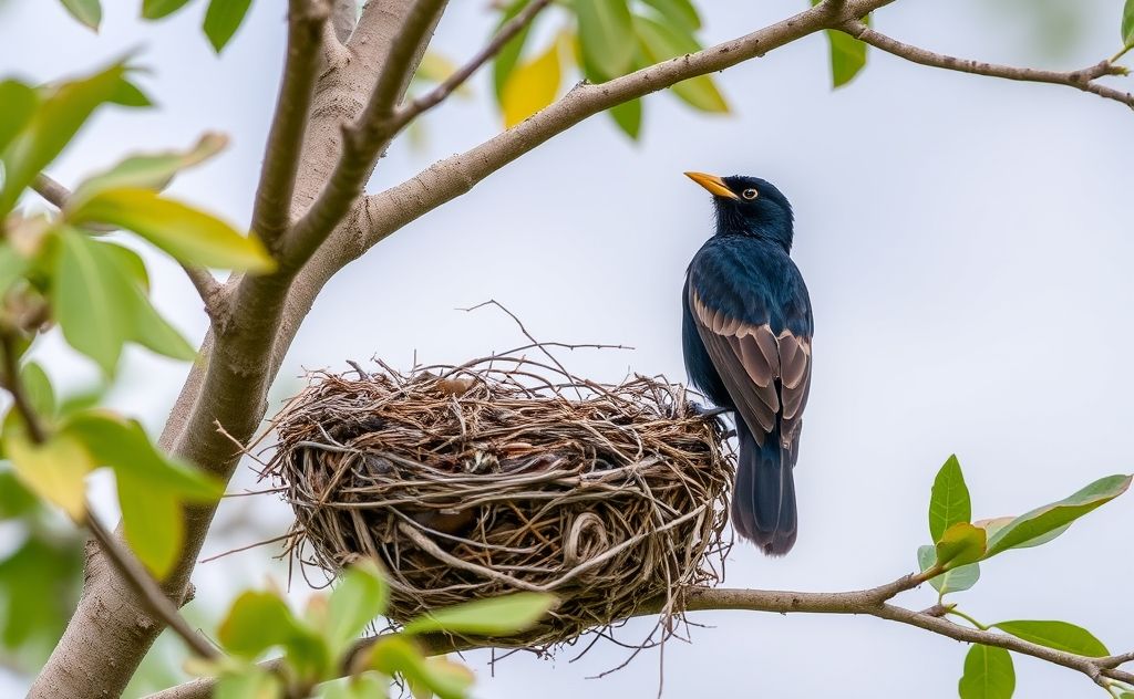 A starling perched near an empty bird's nest in a tree.