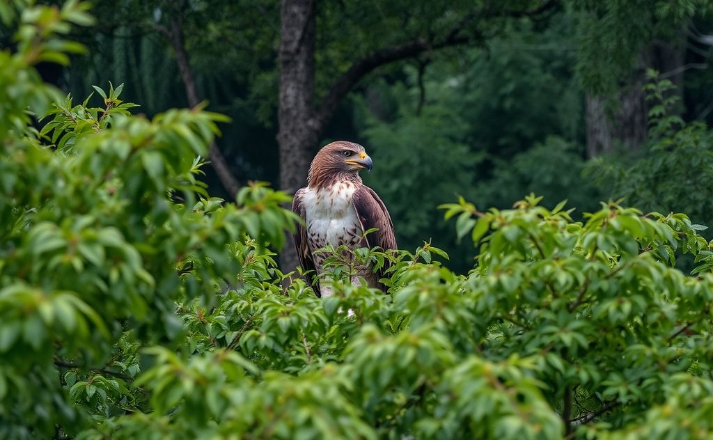 A stealthy Accipiter raptor perched among dense forest foliage.
