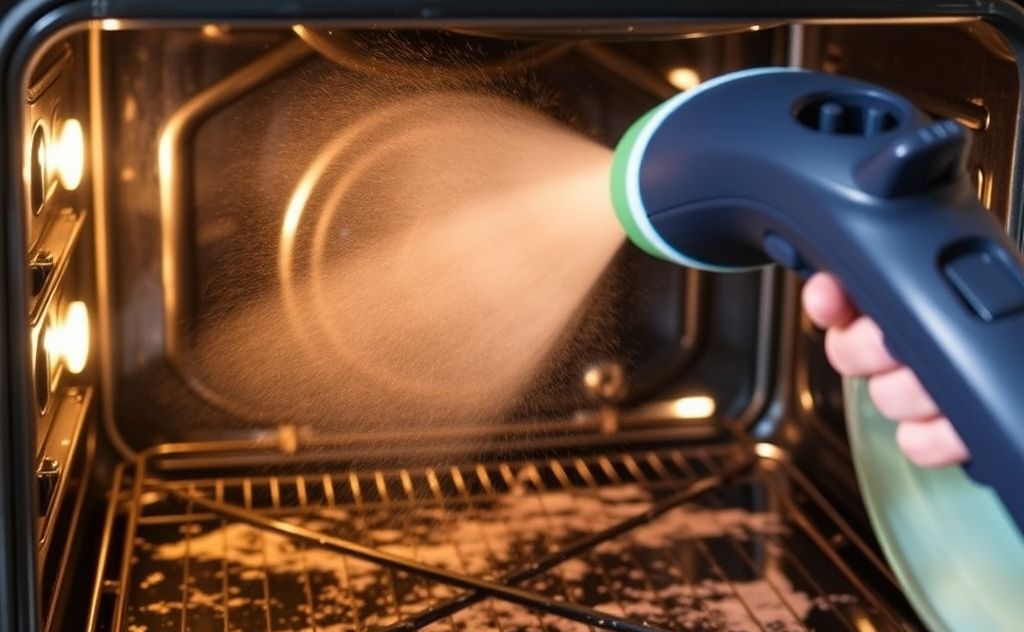 A steam cleaner removing grime from an oven interior.