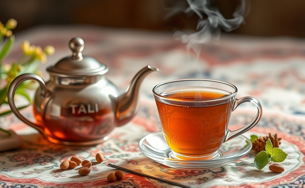 A steaming cup of Persian tea with a teapot