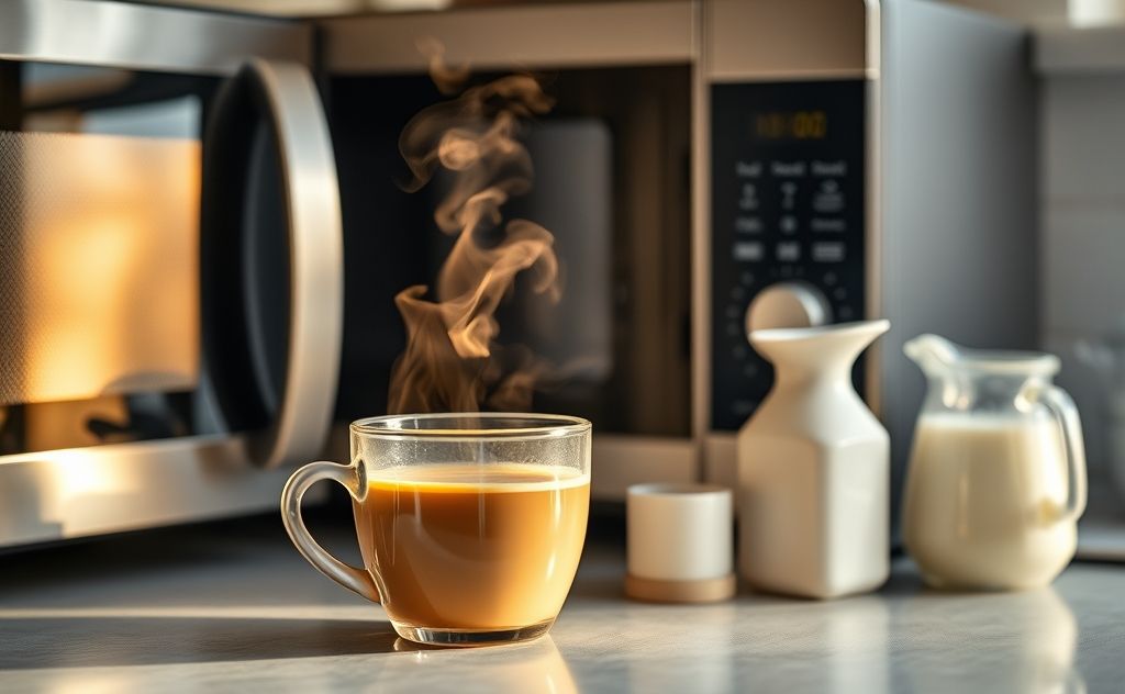A steaming cup of coffee next to a microwave with milk nearby