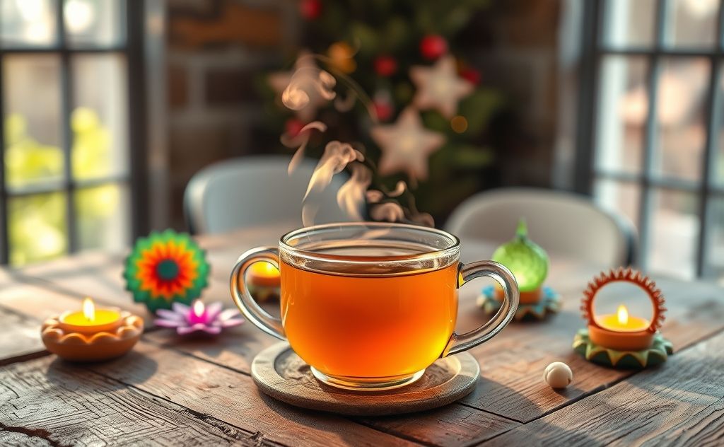 A steaming cup of herbal tea surrounded by chakra symbols.