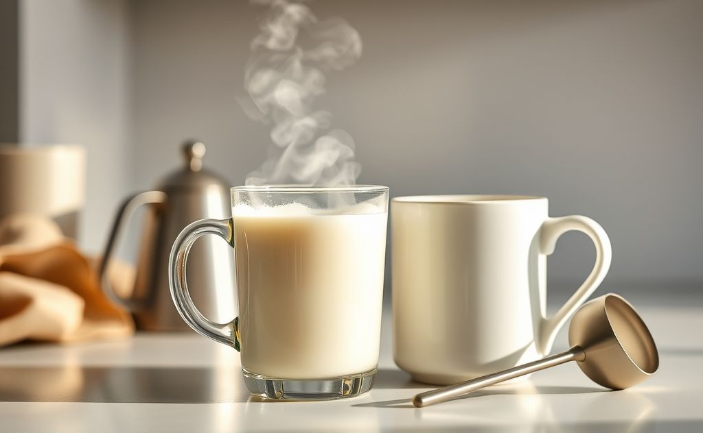 A steaming cup of milk beside a coffee mug and a frother.
