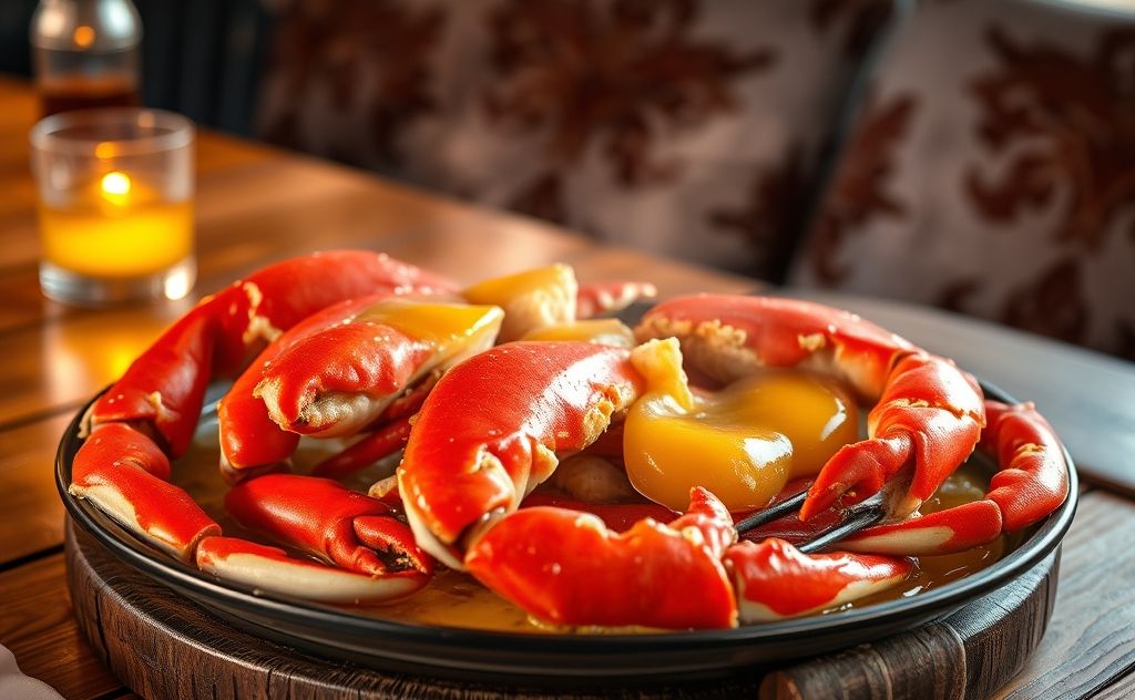 A steaming plate of succulent king crab legs with melted butter.