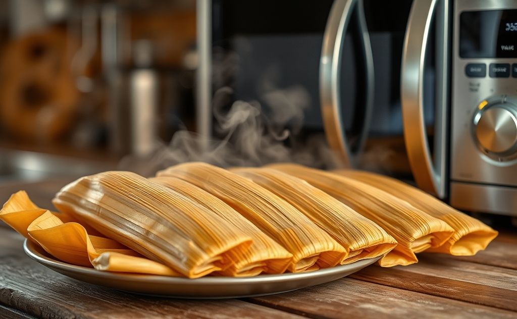 A steaming plate of tamales next to a microwave.