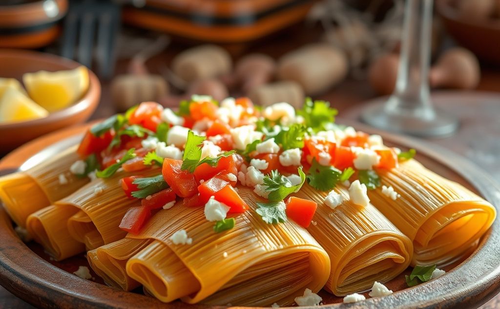 A steaming plate of tamales with vibrant toppings.