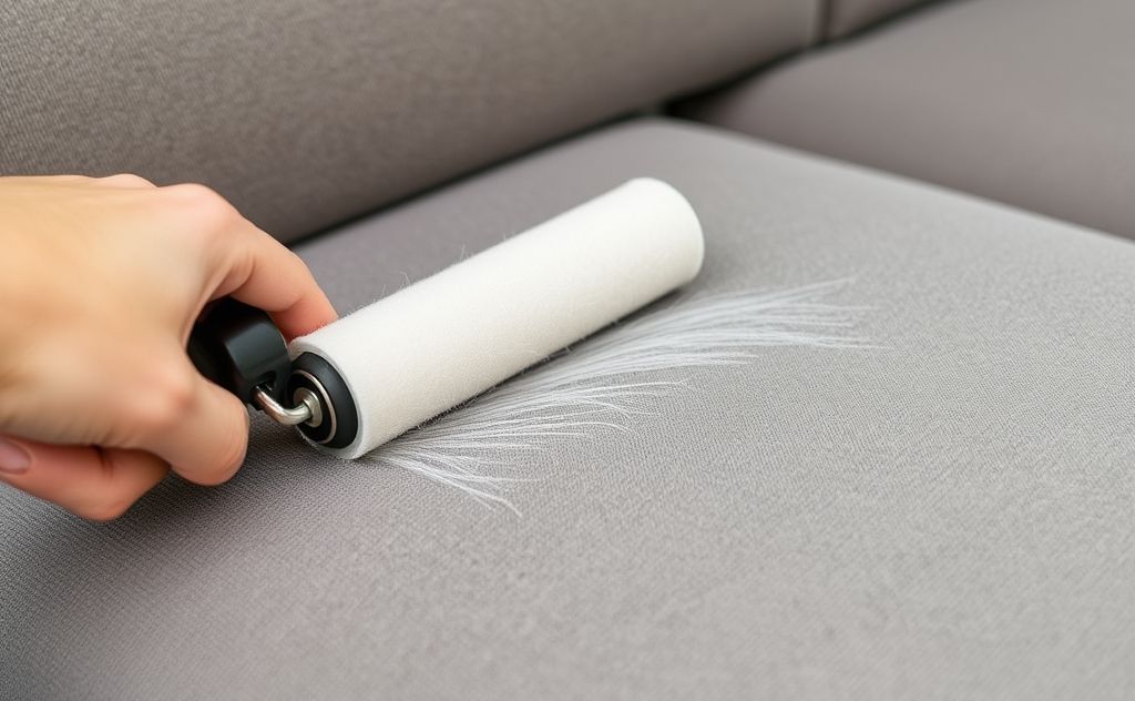 A sticky roller removing pet hair from a couch.