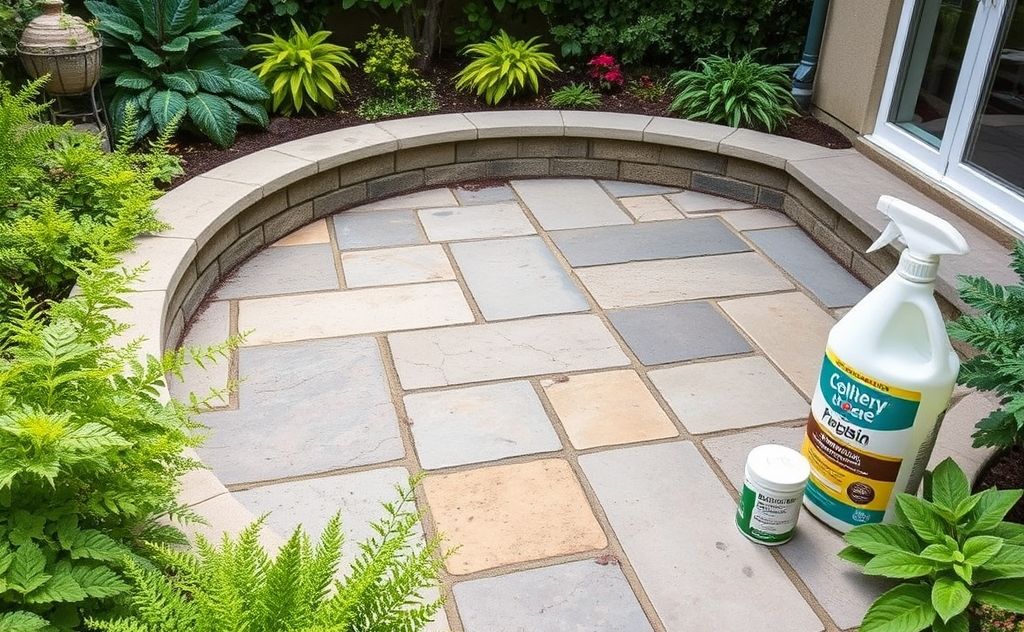 A stone patio surrounded by greenery and natural cleaning supplies.
