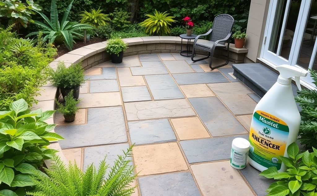 A stone patio surrounded by lush greenery and natural cleaning supplies.