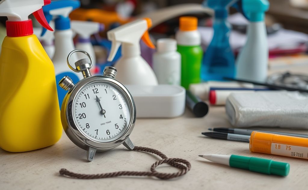 A stopwatch beside cleaning supplies on a cluttered table.