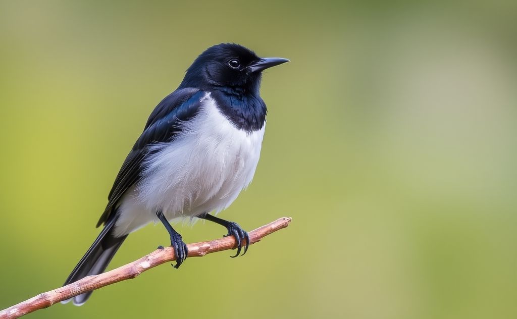 A striking black bird with a white belly perched on a branch.