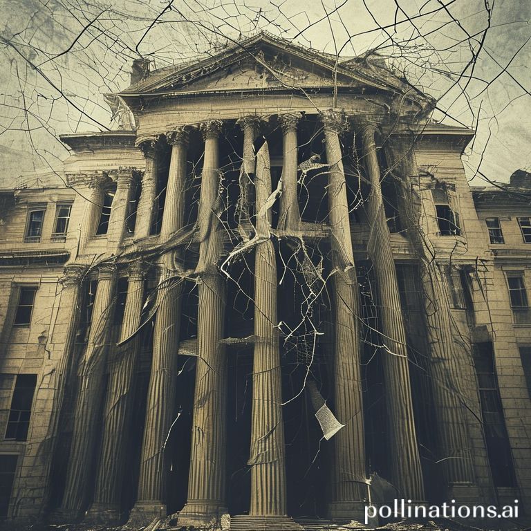 An abstract representation of the US House of Representatives struggling under the weight of national debt and political scandal.
