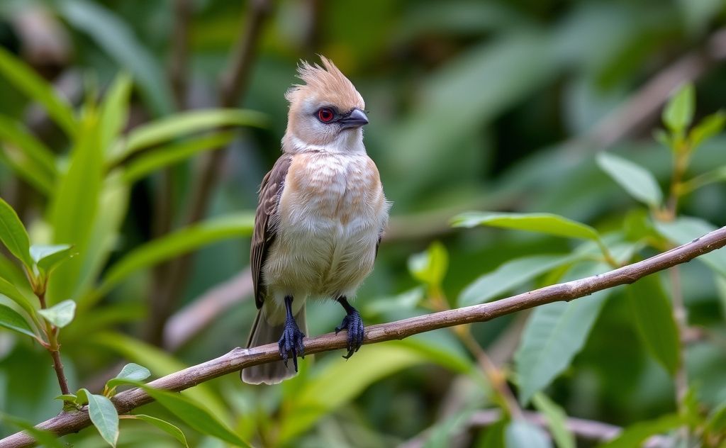 A striking red-eyed bird perched on a branch in a lush habitat.