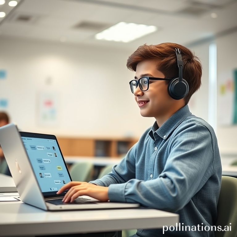 A student building an AI chatbot using a visual drag-and-drop interface on a laptop, bright classroom setting, simple UI blocks for inputs and outputs, friendly and clean design, youthful and modern vibe, soft lighting, high detail thats No-code Ai