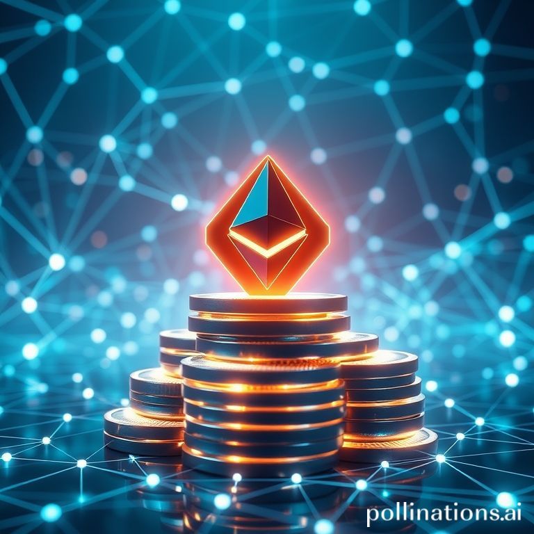 Digital rendering of Ethereum coins stacked with glowing blockchain network connections in the background, symbolizing smart contracts and Web3