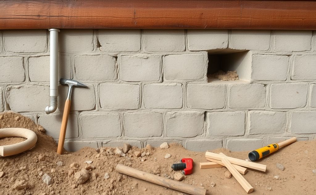 A sturdy house foundation with tools for structural repairs.