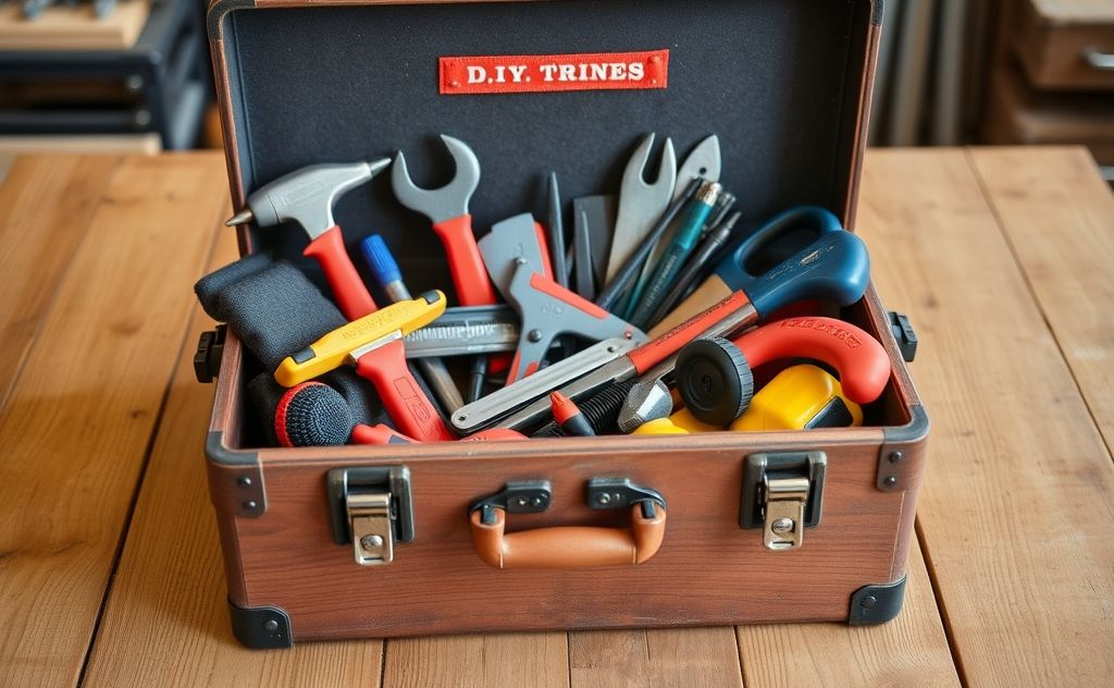 A sturdy toolbox filled with essential DIY tools on a wooden table.