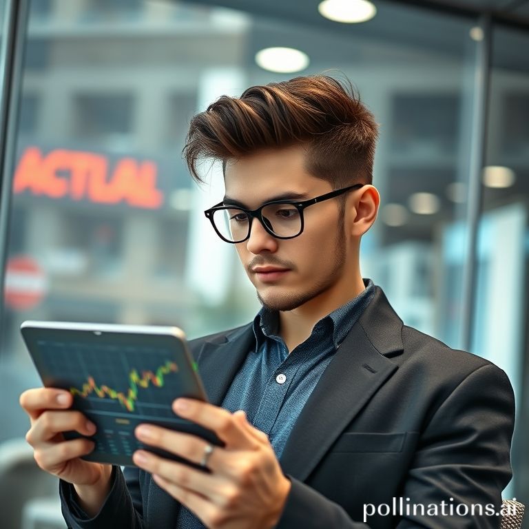 A stylish Gen Z person in a modern office setting, looking intently at a tablet displaying stock charts and financial data. The background is slightly blurred but suggests a dynamic, urban financial environment. The person has a thoughtful yet confident expression. Use bright, engaging colors.