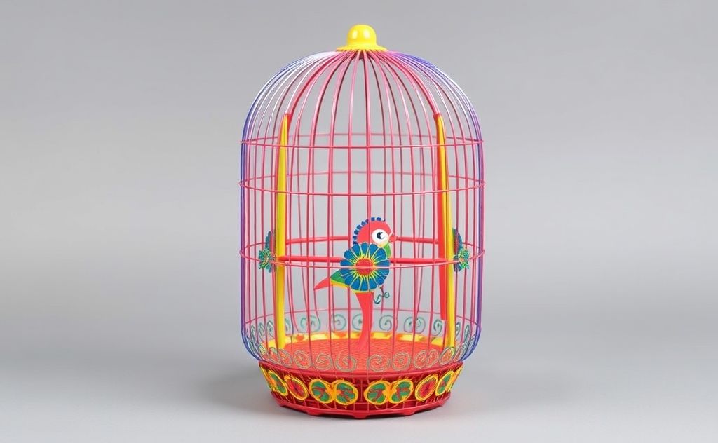 A stylish folded bird cage with vibrant colors and intricate design.