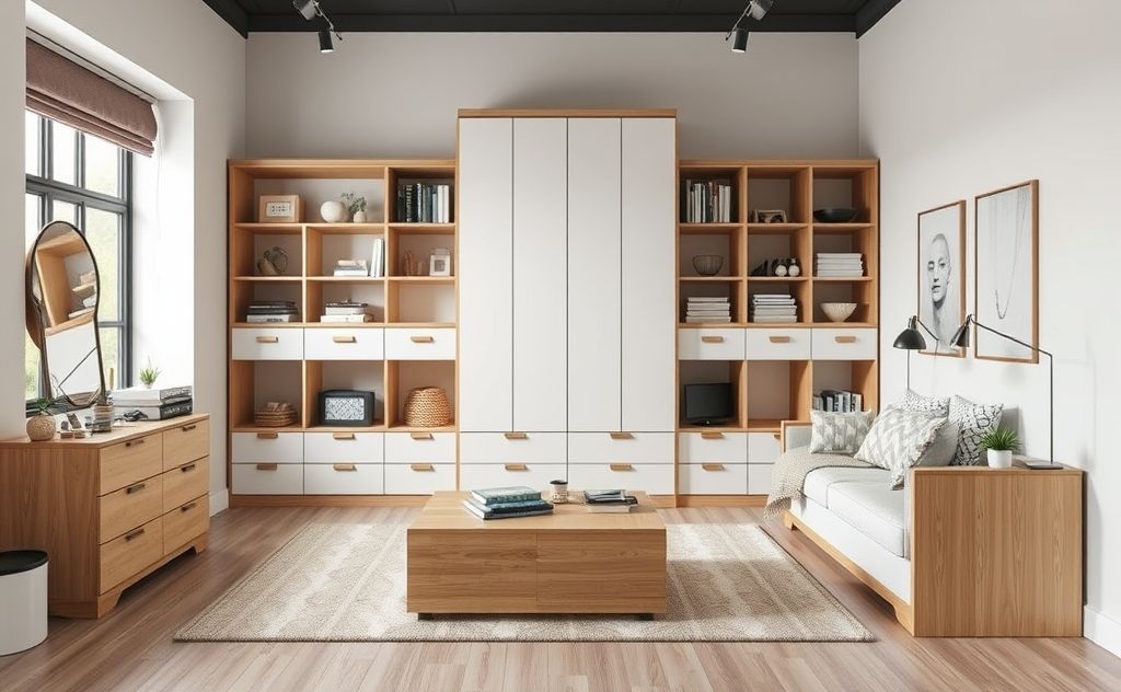 A stylish room featuring multifunctional furniture for optimal storage.