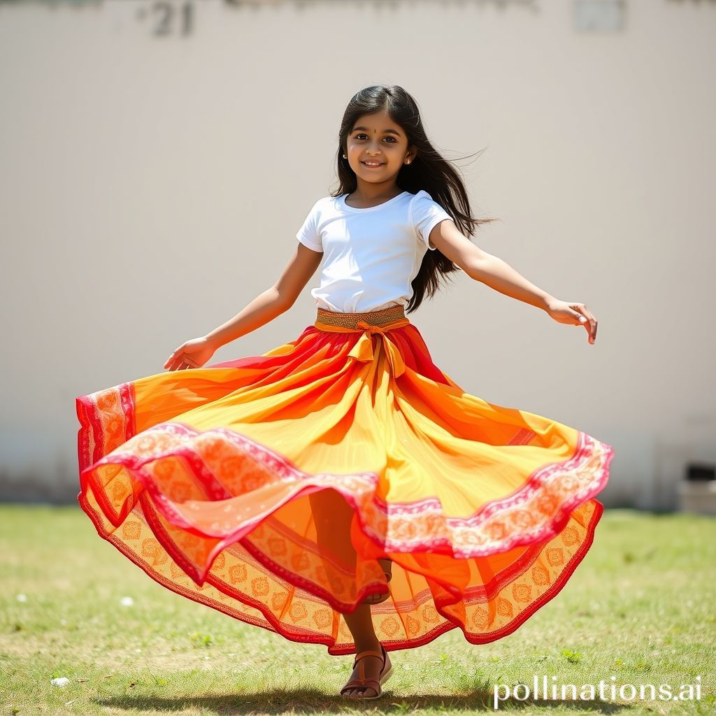 A girl pairing a lehenga skirt with a simple white t-shirt