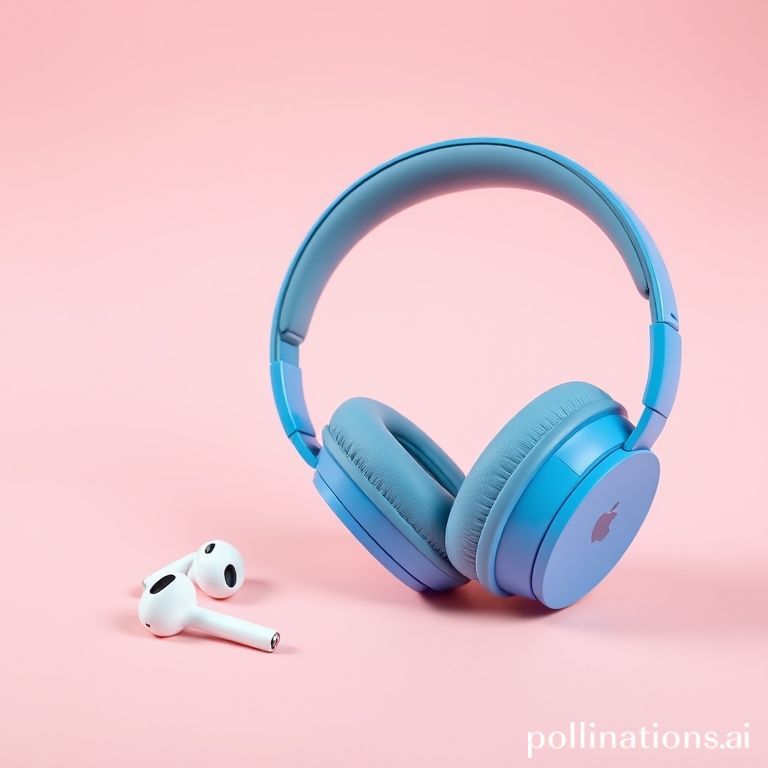 Dua perangkat audio Apple, AirPods Pro 2 putih dan AirPods Max biru, berpose elegan di latar belakang merah muda.