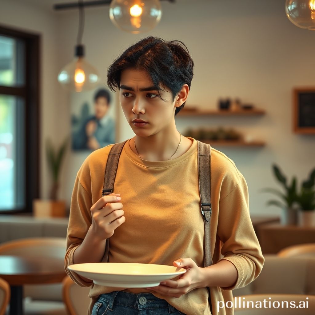 A stylish, young person (possibly in their 20s or early 30s, dressed casually chic) looking thoughtful or slightly annoyed, holding their stomach or looking at an empty plate with a subtle, relatable expression of hunger. The background could be a modern cafe or a cozy home setting, with soft lighting. The overall vibe is relatable, slightly humorous, and aesthetically pleasing, mirroring the Jaksel lifestyle.