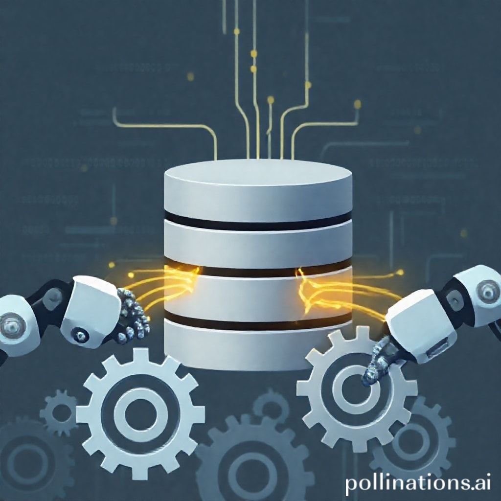 A stylized depiction of a database with data flowing into it, represented by lines of code or abstract data points. In the foreground, gears or robotic arms symbolize automation and factory-like efficiency. The overall mood should be modern, tech-oriented, and dynamic, suggesting speed and precision in data population for software development.