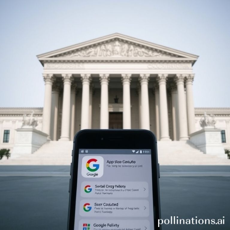 Stylized image of the Supreme Court, subtly featuring the Google logo, overseeing a smartphone displaying app store policies.